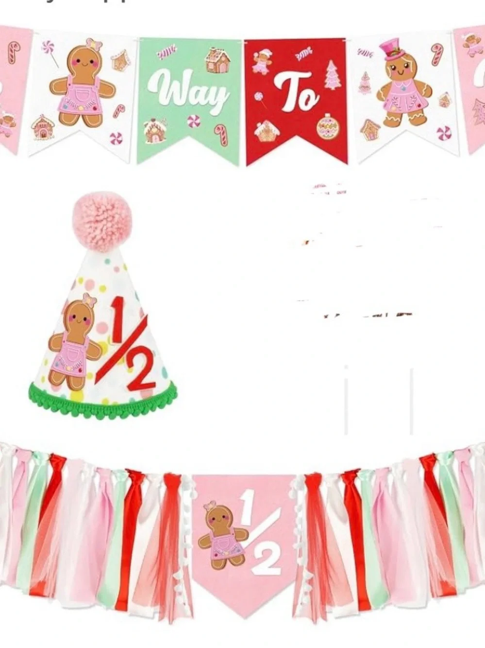 Gingerbread 1/2 Birthday Party Hat, Crib and Banner Set - Pink, Red & Green
